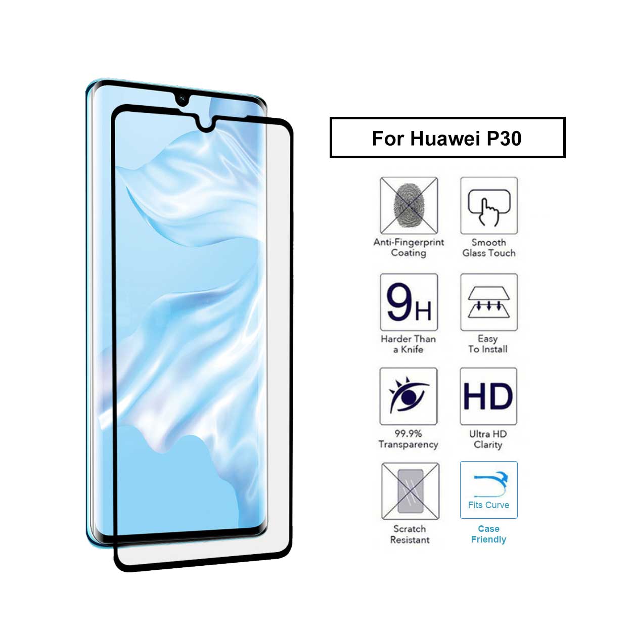 Huawei p30 heltäckande hd skärmskydd kolfiber härdat glas