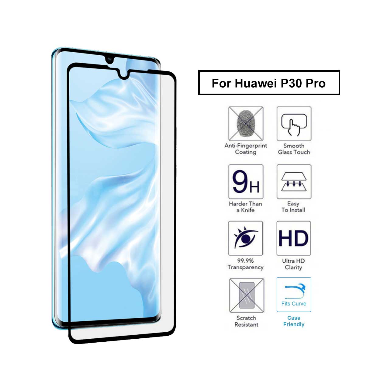 Huawei p30 pro heltäckande hd skärmskydd kolfiber härdat glas