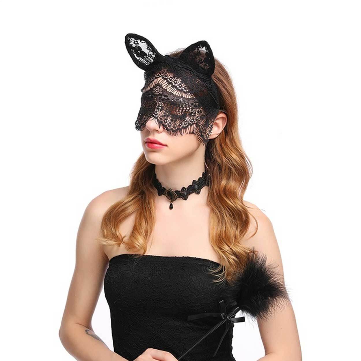 Svarta ögonmask ansiktsmask i spets lace maskerad mask bunny