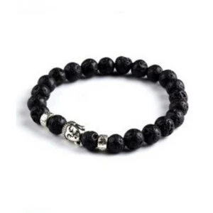 Handgjort Karma Armband Buddha Silver M. Svarta Lavastenar