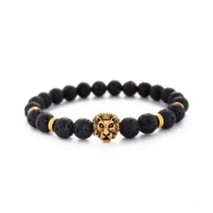 Handgjort Armband Proud Lion Lejonhuvud Guld Svarta Lavastenar