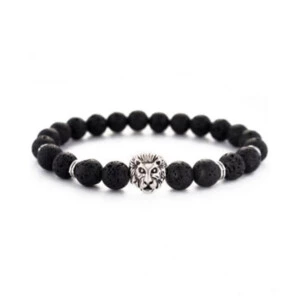 Handgjort Armband Proud Lion Lejonhuvud Silver Svarta Lavastenar