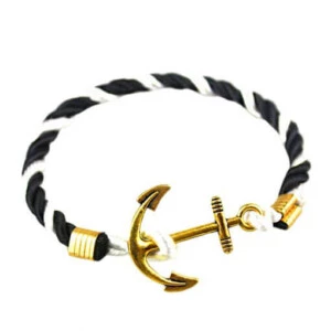 Handgjort armband rep med ankare i metall (svart/vit/guld)