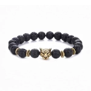 Handgjort Armband Svart Lavasten Och Guld Leopard Huvud