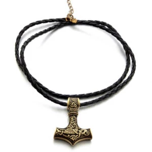 Vikingahalsband Tors Hammare Mjolnir Konstläder Guld