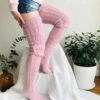 Varma stickade knästrumpor höga strumpor thigh high rosa