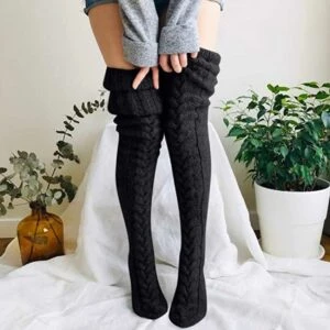 Varma Stickade Knästrumpor Höga Strumpor Thigh High Svart