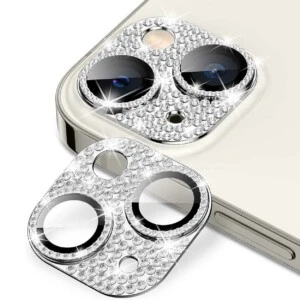 Iphone 15/15 plus kameraskydd härdat glas diamanter silver