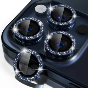 Iphone 15 pro/pro max linsskydd bling glitter blå