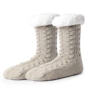 Varma Fodrade Sockor | Stickade Tofflor med Halkskydd Beige