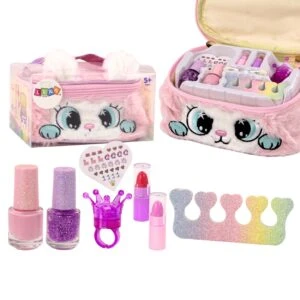 Sminkset för Barn i Plysch Necessär med Kattmotiv | Nagellack, Läppstift & Tillbehör